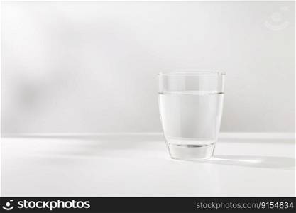 Pure water in the glass is on the white wooden table.