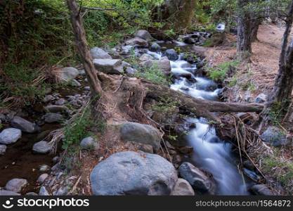 Pure water stream flowing over rocky mountain terrain in the Kakopetria forest in Troodos, Cyprus. Slow exposure creating sooth flow impression.