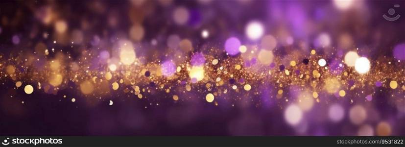 Purple and gold abstract glitter bokeh background with copy space