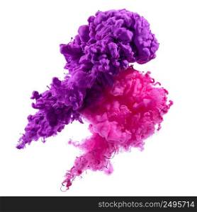 Purple and pink ink splash clouds in water, isolated on white background