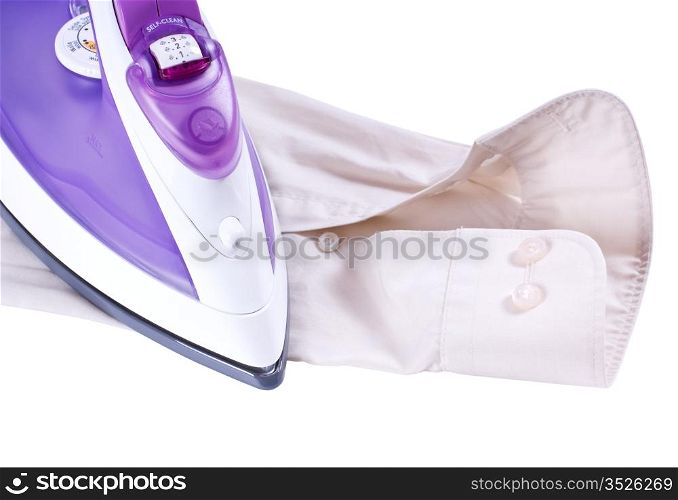 purple and white smoothing-iron on beige shirt isolated