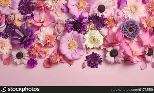 Purple background with top view pink and purple flowers composition by generative AI