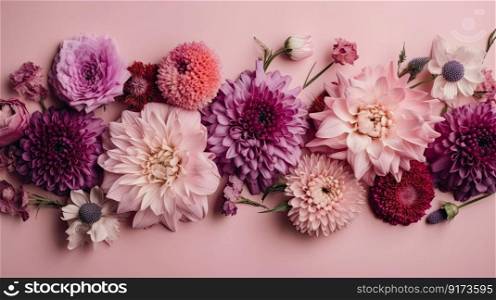 Purple background with top view pink and purple flowers composition by generative AI