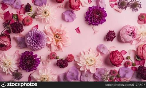 Purple background with top view pink and purple flowers composition by generative AI