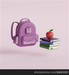 Purple backpack with books and apple. Concept of back to school.3d render illustreation