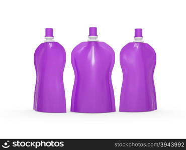 Purple blank stand up curve bag packaging with spout lid, clipping path included. Plastic pack mock up for liquid product like fruit juice, milk , jelly, detergent, shampoo or shower cream, Ready for design and artwork&#xA;