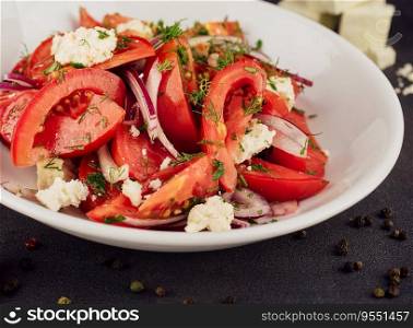 Purple chopped onions lie on goat cheese in a vegetable salad