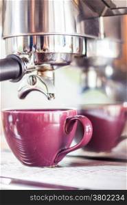 Purple cup of hot coffee, stock photo