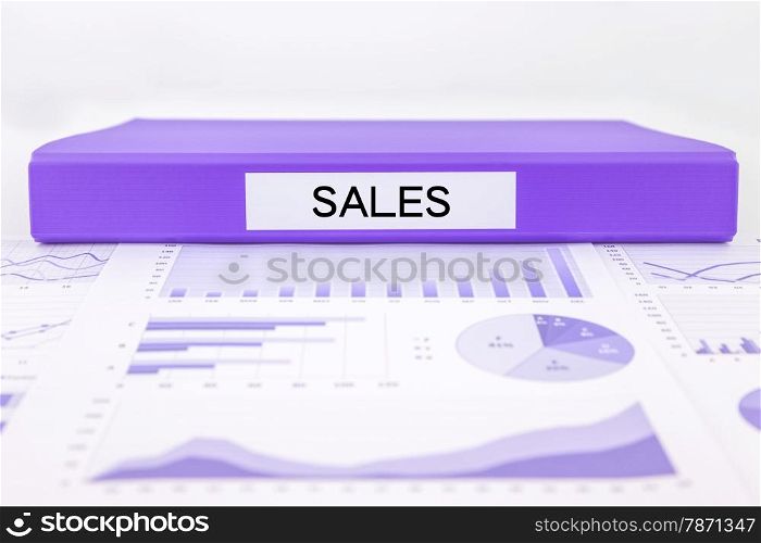 Purple document binder with sales word place on income reports and graph analysis of market share summary. concept for marketing management