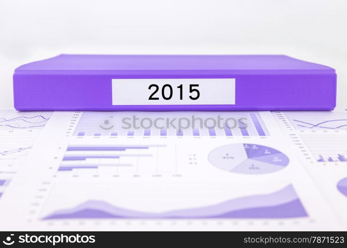 Purple document binder with year number 2015 place on graphs and charts of market trend reports