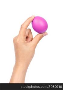 purple easter egg in hand on white background