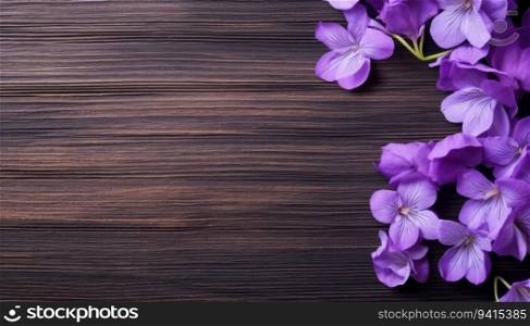 Purple flowers on wooden background. Top view with copy space.