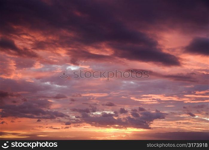 Purple glowing clouds during sunset in Maui Hawaii.