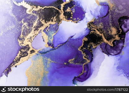 Purple gold abstract background of marble liquid ink art painting on paper . Image of original artwork watercolor alcohol ink paint on high quality paper texture .. Purple gold abstract background of marble liquid ink art painting on paper .