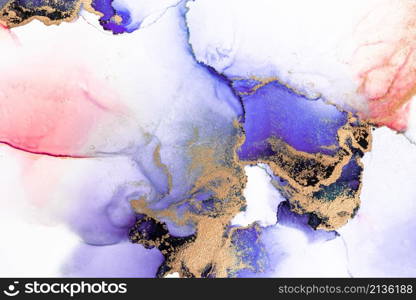 Purple gold abstract background of marble liquid ink art painting on paper . Image of original artwork watercolor alcohol ink paint on high quality paper texture .. Purple gold abstract background of marble liquid ink art painting on paper .