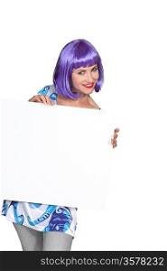 Purple-haired woman showing us a board.