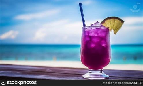 Purple Haze cocktail on background with blue sea and sky tropical background. Generative AI.. Purple Haze cocktail on background with blue sea and sky tropical background. Generative AI