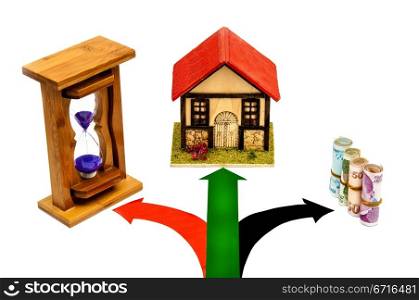 purple hourglass, home, money and signal on white background