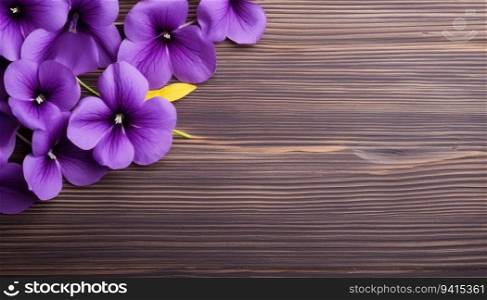 Purple pansy flowers on wooden background. Top view with copy space