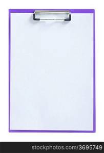 purple paperclip with sheet of paper isolated