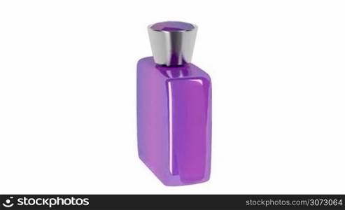 Purple perfume bottle spin on white background