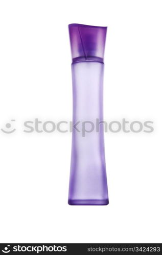 Purple perfume bottle with cap secured on white background