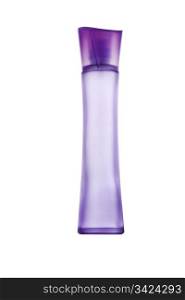 Purple perfume bottle with cap secured on white background
