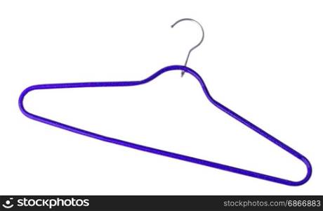 Purple plastic empty hanger with a hook on a white background