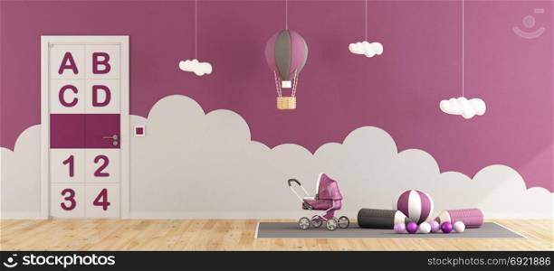 Purple playroom for baby girl. Purple playroom for baby girl with toys on carpe, hot air balloon and closed door - 3d rendering