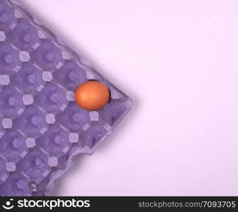 purple protective tray for raw chicken eggs with cells, top view, copy space