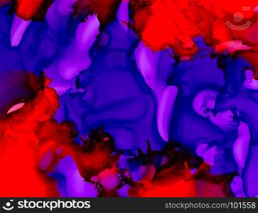 Purple red paint uneven color merging.Colorful background hand drawn with bright inks and watercolor paints. Color splashes and splatters create uneven artistic modern design.