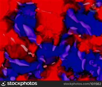 Purple red uneven color flow.Colorful background hand drawn with bright inks and watercolor paints. Color splashes and splatters create uneven artistic modern design.