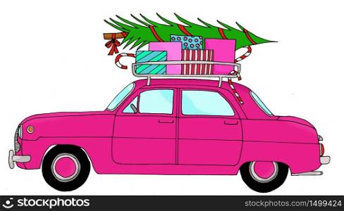 Purple retro car with Christmas tree and gifts in an old fashioned luggage rack