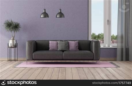 Purple room with black leather sofa and large window - 3d rendering. Purple room with black sofa and window