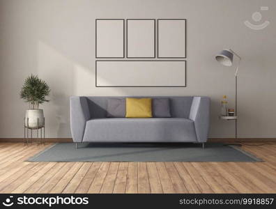 Purple sofa in a minimalist living room with blank picture frame - 3d rendering. Purple sofa in a minimalist room