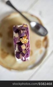 Purple sweet potato roll cake, selective focus . Purple sweet potato roll cake