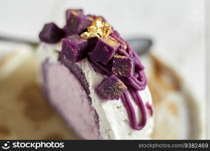 Purple sweet potato roll cake, selective focus . Purple sweet potato roll cake