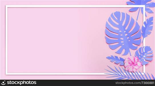 Purple tropical leaves layout. White frame at paper tropical leaves with flowers on pink background. Creative composing in pastel color with copy space for your design