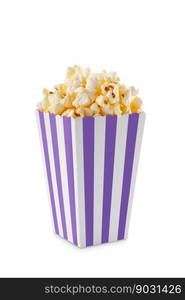 Purple white striped carton bucket with tasty cheese popcorn, isolated on white background. Fast food, movies, cinema and entertainment concept.