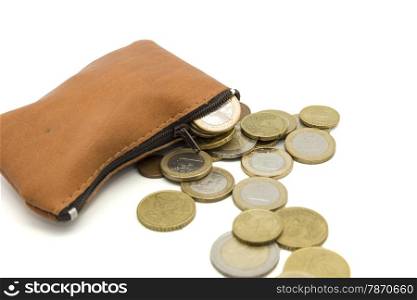 purse full of money on a white background