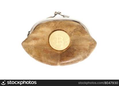 Purse with bitcoin coin isolated on white