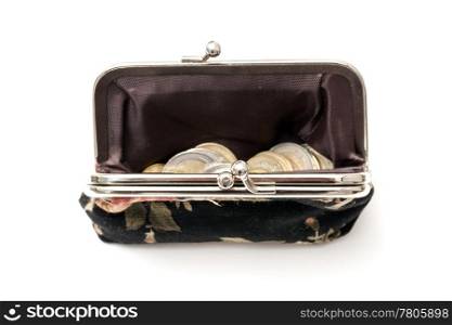Purse with coins isolated on white background