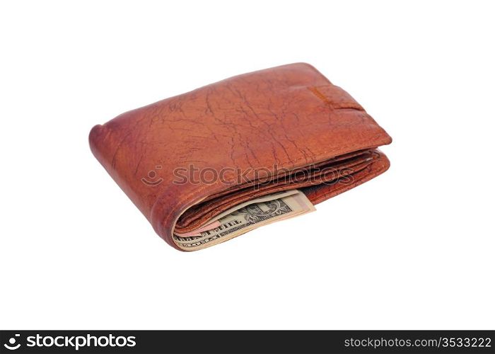 Purse with money for a white background close up