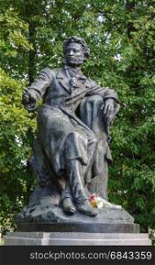 Pushkinskiye Gory, Russia - September 09, 2015: Monument to Alexander Pushkin - famous russian poet