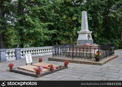 Pushkinskiye Gory, Russia - September 09, 2015: Tomb of famous Russian poet A.S. Pushkin and his parents in the Holy Dormition Monastery