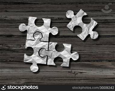 Puzzle business solution concept as crumpled paper shaped as jigsaw pieces assembled together with one piece joining the group n a 3D illustration style.