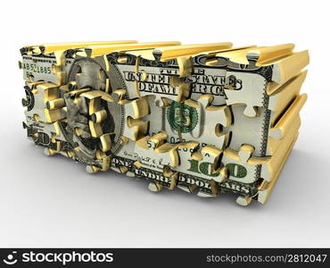 Puzzle from dollar on white isolated background. 3d