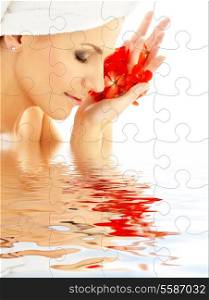 puzzle of lovely woman with red flower petals in water