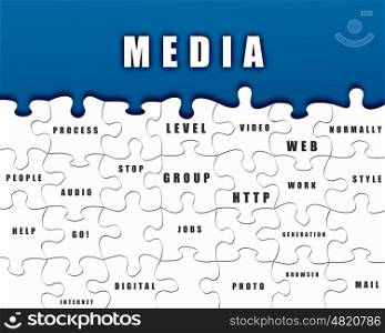Puzzle pieces with media terms written on them