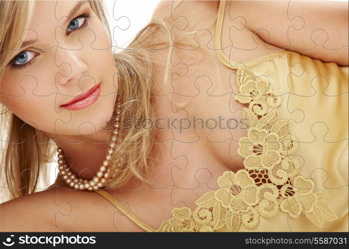 puzzle portrait of mysterious blue-eyed blond in pearls